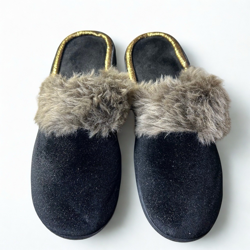 Womens Black Shimmer‎ Velvet Faux Fur Trim Slippers Gold Piping Size XL 9-10